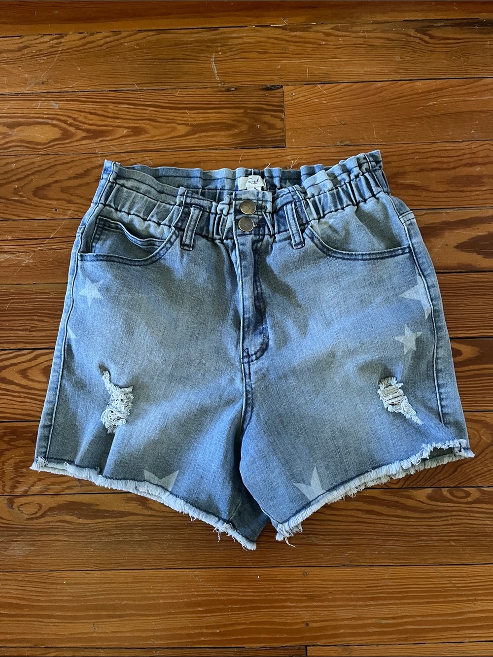 Easel High-Rise Star Print Paperbag Denim Shorts - Light Blue